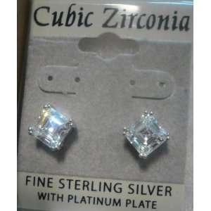 Sterling Silver Fine PLatinum Plate Clear CZ Square Stud 