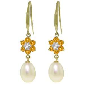 14k Gold Fish Hook Earrings with Genuine Diamonds, Citrines & Pearls