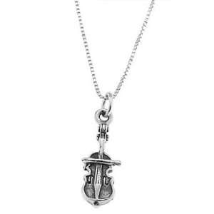  Sterling Silver One Sided Small Cello with Bow Necklace Jewelry