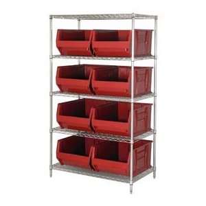  36x36x86 Chrome Wire Shelving With 8 36D Hopper Bins Red 