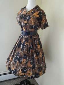 Vintage 50s Garden Party Dress Full Skirt LUCY Roses S M Black Brown 