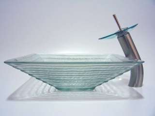 Square Bath Glass Vessel Sink & Waterfall Nickel Faucet  