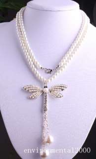   big glass pearl clear crystal tassels dragonfly pendant necklace 32