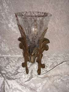 Crackled Glass Vase In Metal Base  