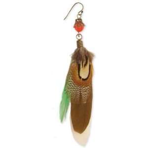 ZAD Long Brown Natural Feather with White/Green Dyed Feather Dangle 