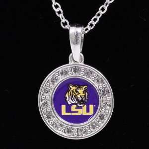  LSU Tigers Ladies Silver Round Crystal Necklace Sports 