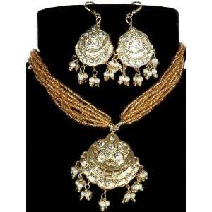  Golden Islamic Star and Moon Beaded Necklace with Earrings 