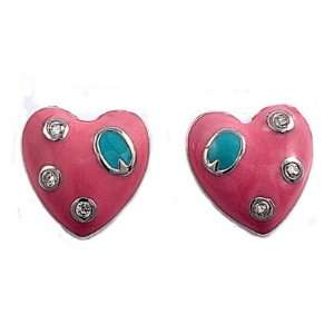  Heart Shaped Stone Earrings   Turquoise and Clear CZ   14 