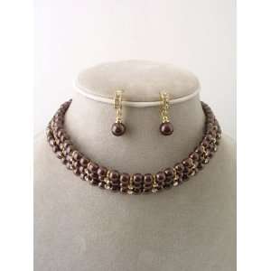  Fashion Jewelry ~ Brown Faux Pearl with Rhinestone Choker 