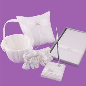  White Wedding Set bridal Guest Book Ring Pillow Garter 