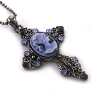 Classic Antique Style Blue Cameo Cross Pendant Necklace  