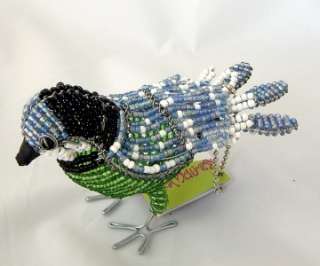 Chicadee Bird Glass Beads + Wire Art Sculpture Beadworx Blue  