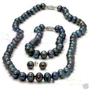   Black Cultured Pearl Necklace 18 Bracelet 7.5 & Earrings Set  