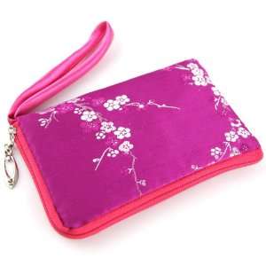 Silky Satin Padded Mobile Cell Phone Pouch   Oriental Brocade Cherry 