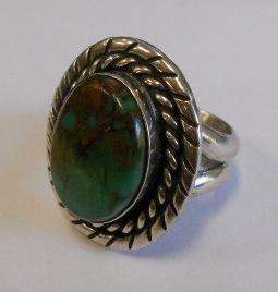 SIGNED WB NATIVE AMERICAN STERLING RING, TURQUOISE STONE S 9 B  