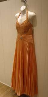 Bicici Coty Peach Satin Pleated Formal Pageant Prom Dress M * Unique 