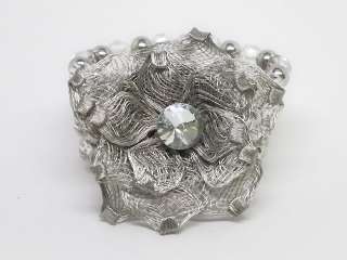 Clear Crystal Silver Tone Mesh Flower Bracelet s0365  