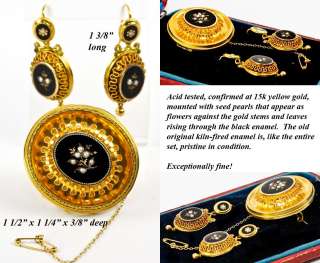   Enamel & Seed Pearl Mourning Jewelry, Earrings, Brooch in Box  