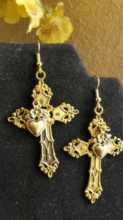   Tibetan Gold Cross Hearts Earrings Flat Backs 2 3/4 inches long  