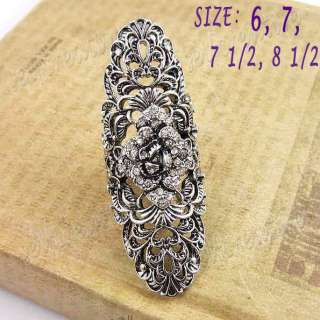 Filigree Flower Crystal Floral 6cm Long Ring Full Finger Vintage Style 