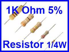 100 x Resistors 1K Ohms 1/4W 5% Carbon Film  