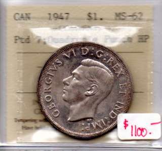 1947 Canada Silver Dollar ICCS Graded MS 62 Ptd. 5, Quad punch HP OC24 