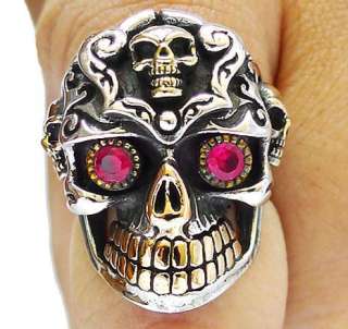 HUGE MEXICAN SKULL STERLING 925 SILVER RING Sz 11 RED RUBY EYES 14K 