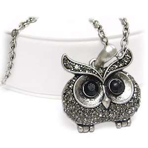  Silvertone Crystal Deco Owl Pendant Long Necklace Fashion Jewelry