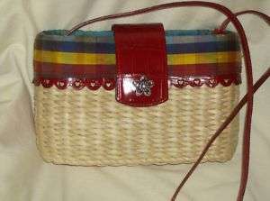 Brighton Red Leather & Straw Shoulder Handbag New  