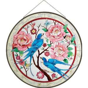   APM517 Swallows and Peonies Glass Art Panel, 21 1/2 Inch Diameter