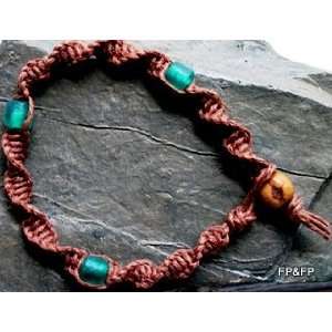   Brown Hemp Bracelet with Green Recycled Glass Beads 
