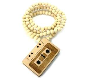 WOODEN CASSETTE TAPE PENDANT + 36 INCH NECKLACE CHAIN WOOD BEADED GOOD 