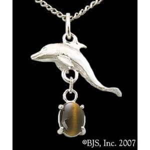  Dolphin Gemstone Necklace, 14k White Gold, Tigers Eye set 
