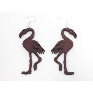  Wine Flamingo Bird Wooden Earrings GTJ Jewelry