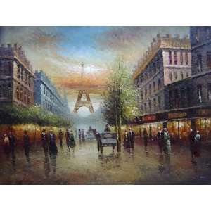 Winter Busy Paris Street to Eiffel Tower Scene Oil Painting 36 x 48 
