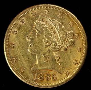 1886 S Liberty Head Half Eagle $5 Five Dollars Gold Coin  