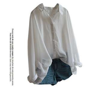 Fashion Womens White/Black Chiffon Shirt Long Sleeve Chiffon Blouses M 