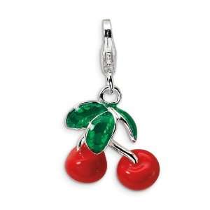    Sterling Silver 3D Green Enameled Red Cherries Charm Jewelry