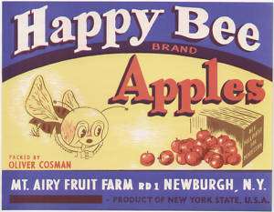 CARTOON CHARACTER ON NEW YORK APPLE LABEL HAPPY BEE  