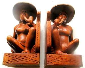 Asian carved book ends male/female with pipes LARGE  