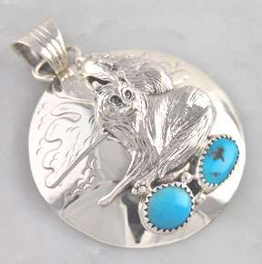Sterling Silver Turquoise Howling Wolf Pendant  
