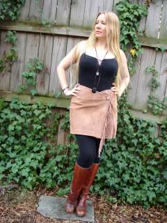   Leather suede camel fringed wrap mini skirt NOS w tags Gypsy woman