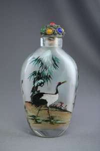 Hand Reverse Painted Asian Art Crane Bird Snuff Bottle  