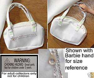 Barbie doll white faux leather bag purse green stitches  