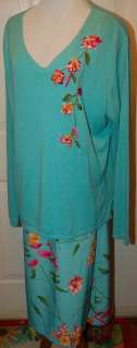 Susan Graver Aqua Floral Design Sweater & Skirt Set Sz XL  