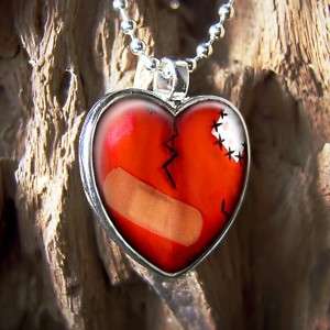 Bandaged Emo Broken Heart Silver Heart Necklace 42 HF  