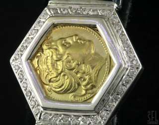 HEAVY 18K 2 TONE GOLD GREEK DESIGNER 1.58CT DIAMOND/SAPPHIRE COIN 