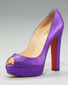 CHRISTIAN LOUBOUTIN BAMBOO Purple Glittered Peep Toe Pump Shoe 39.5 