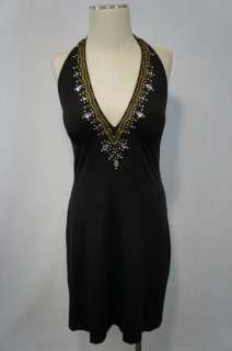   Proper Black/Gold/Silver Beaded Stretchy Form Fitting Halter Dress Sz