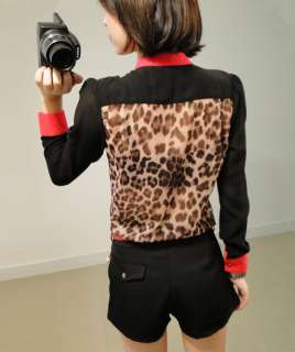 Sexy Woman Women?s Color Block Stand Up Collar Leopard Print Chiffon 